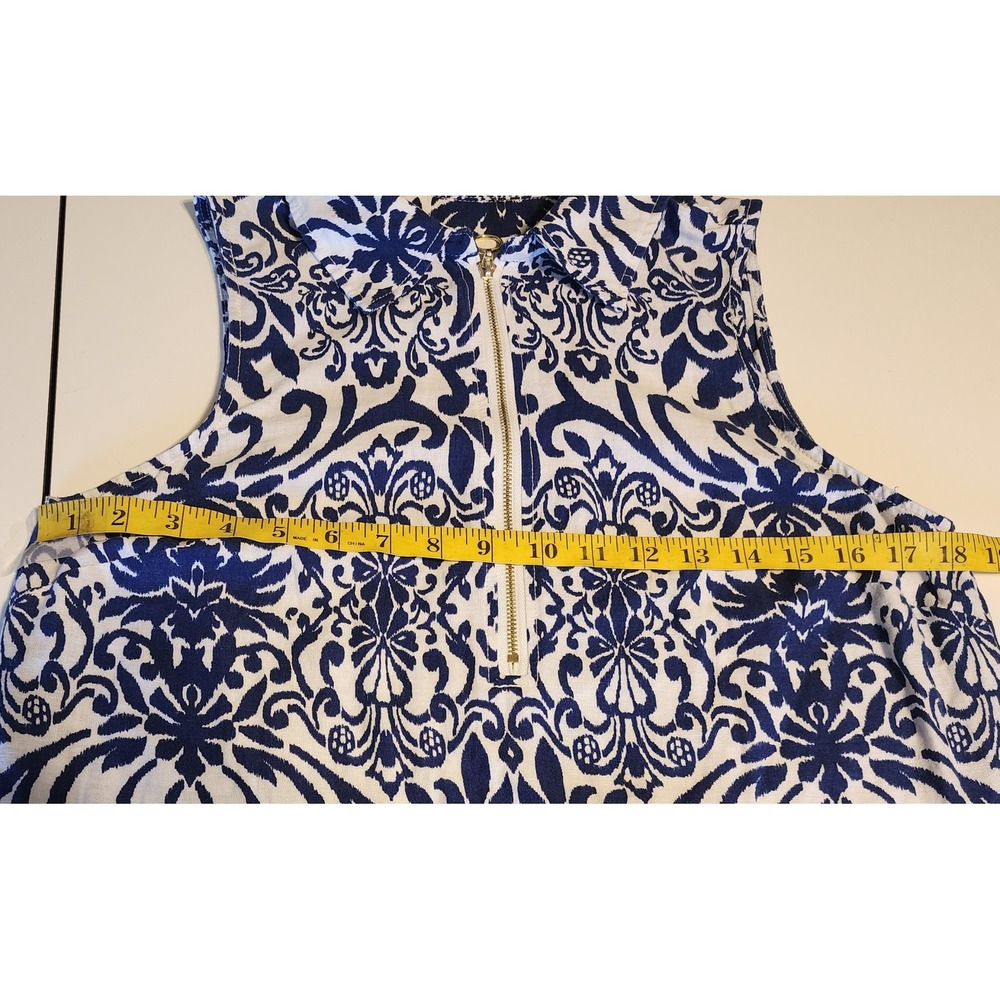 Casa Cabana Blue White Damask Linen Blend Sleeveless Quarter Zip Shift Dress S - Picture 6 of 7